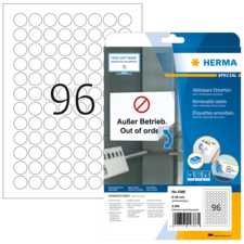 Packung mit ablösbaren Etiketten von Herma, mit der Aufschrift "Außer Betrieb. Out of order." und 96 runden Etiketten.