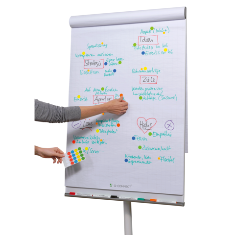 Ein Flipchart mit bunten Notizen und Diagrammen, während eine Hand farbige Punkte anheftet. Themen umfassen Strategie, Ziele und Kommunikation.