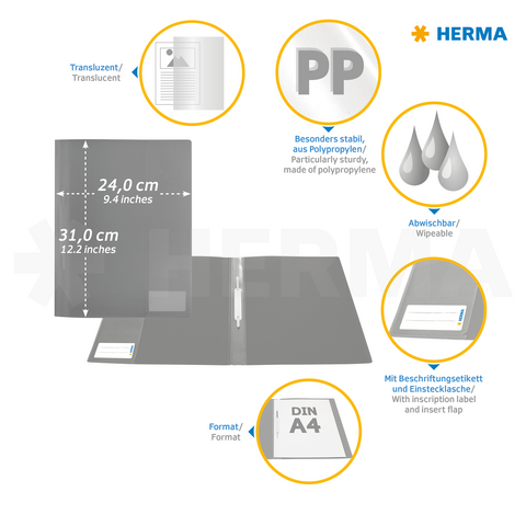 Transparente, stabile Polypropylen-Ordner mit abwischbarer Oberfläche, Einschubtasche und Beschriftungsfeld. Maße: 24 x 31 cm." 

(Note: The text is already in German and does not require translation. It is clear and fluent as is.)