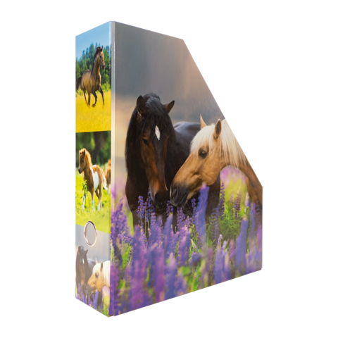 Ein Ordner mit Bildern von Pferden in einer blühenden Landschaft, darunter ein schwarzes und ein palomino Pferd, die sich aneinander schnüffeln.