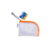 Transparente Tasche mit orangefarbenem Reißverschluss und grauem Griff, beschriftet mit einem Preisschild.