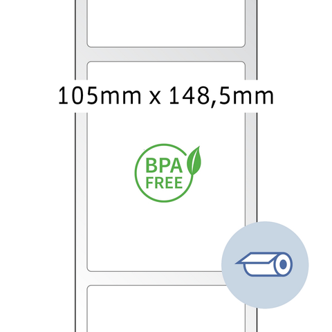 BPA-freies Etikett mit den Maßen 105 mm x 148,5 mm, umgeben von einem weißen Rahmen.