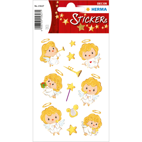 Aufkleber mit niedlichen Engeln, Sternen, einer Trompete, einer Lyra und einem Geschenk. Bunte, festliche Designs für Dekoration.