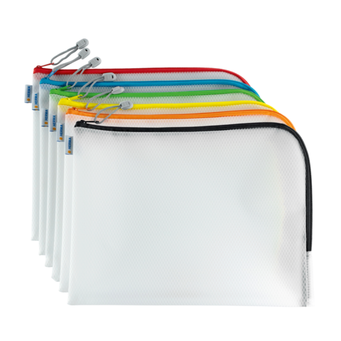 Bunte Reißverschlusstaschen in verschiedenen Farben, angeordnet von rot bis schwarz, mit transparenten Oberflächen.