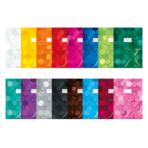 Eine Reihe von farbigen Notizheften in verschiedenen Tönen, angeordnet in zwei Reihen, mit hexagonalen Mustern auf dem Cover.