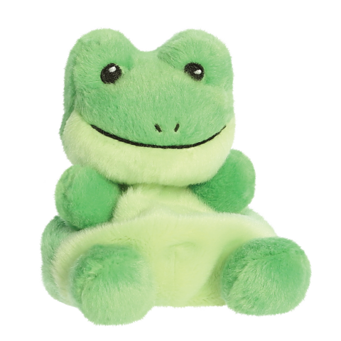 Plüschfrosch in hellgrüner Farbe, mit großen Augen und einem lächelnden Gesicht, sitzt aufrecht mit einem freundlichen Ausdruck.