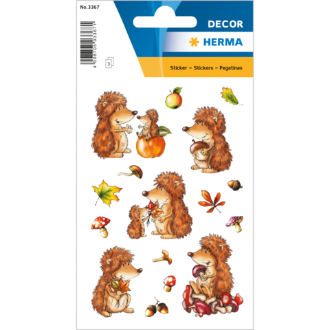 Aufkleber mit verschiedenen Igeln, die Kürbisse, Blätter und Pilze halten oder umgeben sind. Bunte, herbstliche Motive.