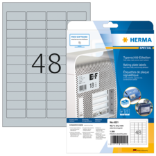Typenschild-Etiketten von Herma, 48 Etiketten auf einem Bogen, inklusive Software-Hinweis für die Gestaltung.
