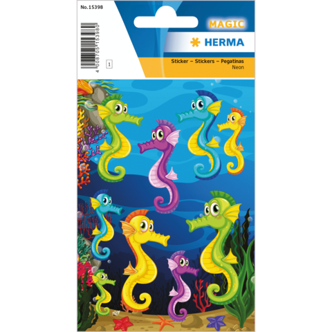 Neon-Sticker von Seepferdchen in verschiedenen Farben und Posen, auf einem bunten Unterwasserhintergrund.