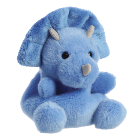 Blaues Plüschspielzeug eines Triceratops mit weichem Körper und kleinen, aufrechten Hörnern.