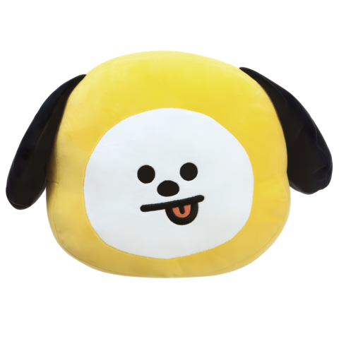 Gelbes, plüschiges Kissen in Form eines Hundes mit einem lächelnden Gesicht, schwarzen Ohren und herausgestreckter Zunge.