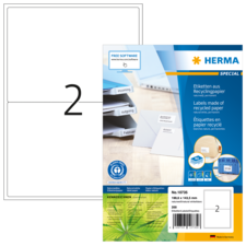 Etiketten aus Recyclingpapier in einer Verpackung mit der Aufschrift „HERMA SPECIAL“ und der Nummer 2. Enthält 200 Etiketten.