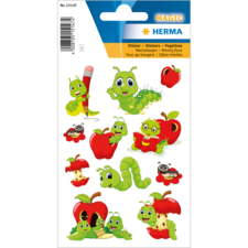 Bunte Aufkleber mit Käfern, Raupen und Äpfeln, einige mit beweglichen Augen, ideal für Kinder.