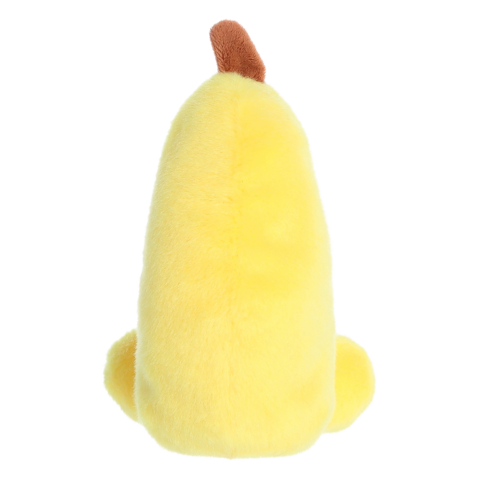 Gelbes, weiches Spielzeug in Form einer Banane mit einem braunen Stiel oben. Die Rückseite ist sichtbar, ohne zusätzliche Details.