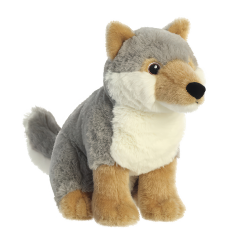 Plüschwolf mit grauem Fell und beigem Bauch, sitzt aufrecht mit einem freundlichen Gesichtsausdruck.