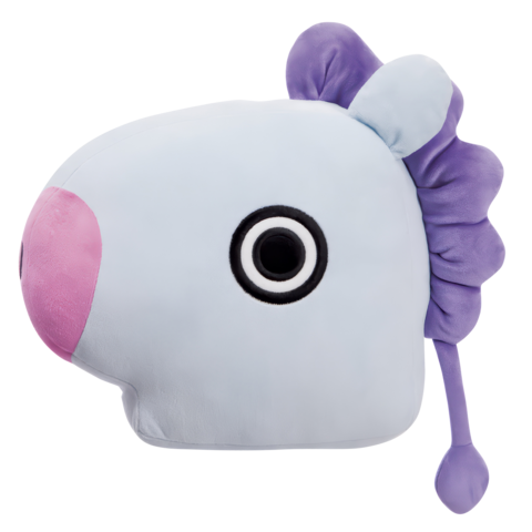 Kissen in Form eines Einhornkopfes mit blauer Farbe, lila Mähne und einem großen schwarzen Auge.