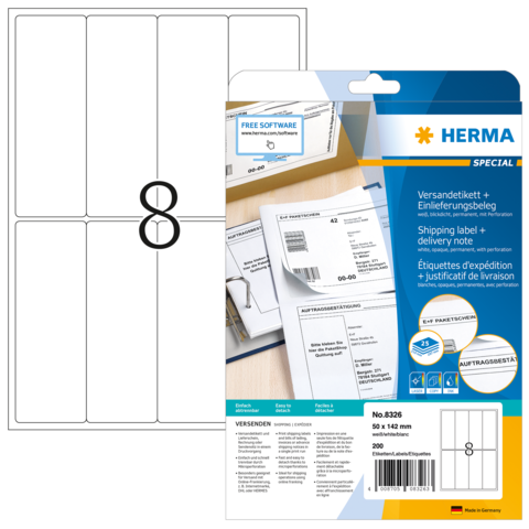 Versandetiketten und Einlieferungsbeleg auf einem Blisterpack. Enthält Anweisungen zur Nutzung und Softwarehinweise.