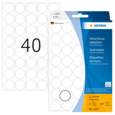 Verschlussetiketten von Herma, 19 mm Durchmesser, 16 Blätter, stark haftend, transparent, insgesamt 640 Etiketten.