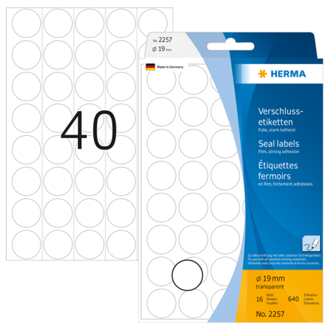 Verschlussetiketten von Herma, 19 mm Durchmesser, 16 Blätter, stark haftend, transparent, insgesamt 640 Etiketten.