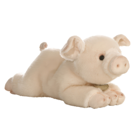 Plüschschwein, liegend mit einem runden Körper, kleinen Ohren und einem freundlichen Gesichtsausdruck.