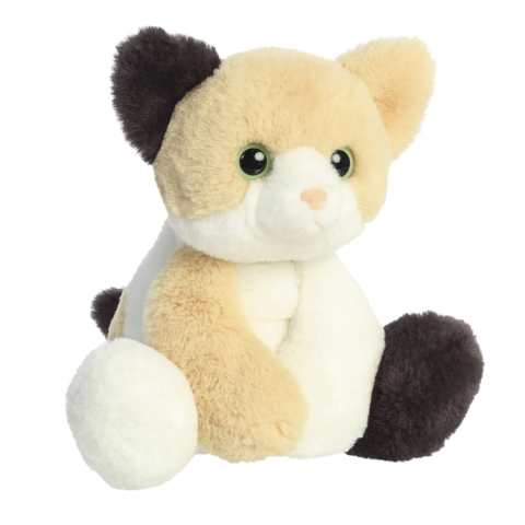 Plüschkatze in Grau mit weißen Akzenten, liegend und mit einem entspannten Ausdruck. Ideal für Kinder oder als Dekoration.