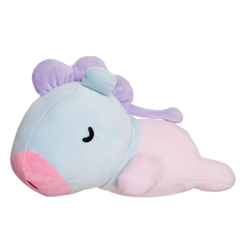 Plüschfigur eines niedlichen, blauen und rosa Tieres mit lila Ohren und einem lächelnden Gesicht, das auf der Seite liegt.