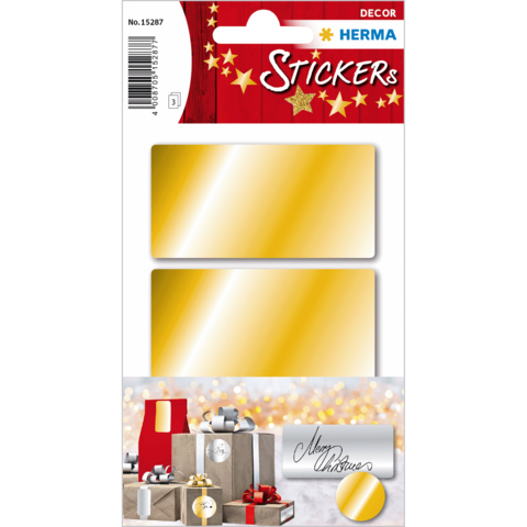 Goldene Aufkleber auf einer Verpackung, geeignet für Dekoration oder Geschenkanhänger. Enthält zwei rechteckige Sticker.