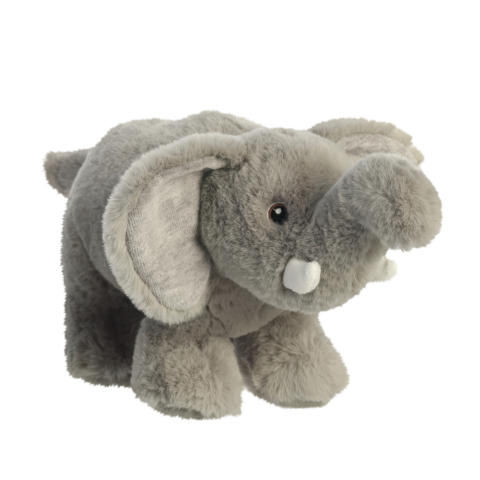 Graues Plüschelefant mit großen Ohren und einem freundlichen Gesichtsausdruck, aufrecht stehend.