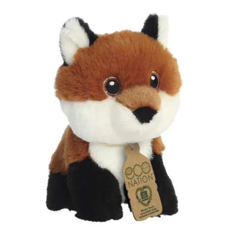 Plüschfuchs mit braunem und weißem Fell, großen Augen und einem Etikett von "Eco Nation".
