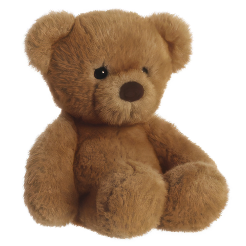 Brauner Plüschbär mit runden Ohren und einem freundlichen Gesicht, sitzt aufrecht mit einem weichen, kuscheligen Körper.