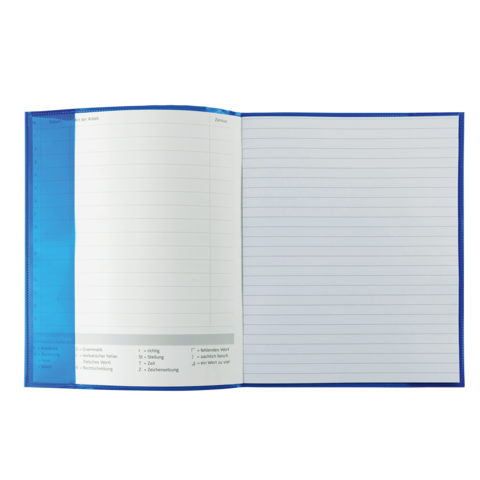 Ein offenes Notizbuch mit linierten Seiten und einem blauen Einband. Links sind leere Felder für Notizen oder Termine.