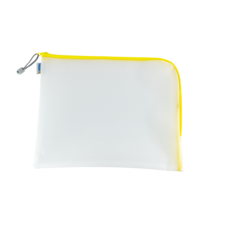 Transparente Tasche mit gelbem Reißverschluss, geeignet zur Aufbewahrung von Schreibwaren oder kleinen Gegenständen.