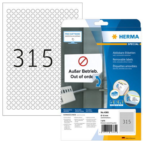 Aufkleberbogen mit der Nummer 315 und der Aufschrift "Außer Betrieb. Out of order." von Herma, verpackt für die Verwendung.