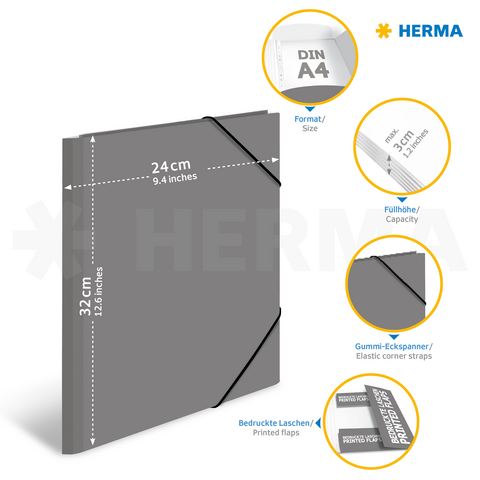 Graues Ordnersystem im DIN A4-Format mit elastischen Gummibändern und bedruckten Laschen. Maße: 24 cm x 32 cm.