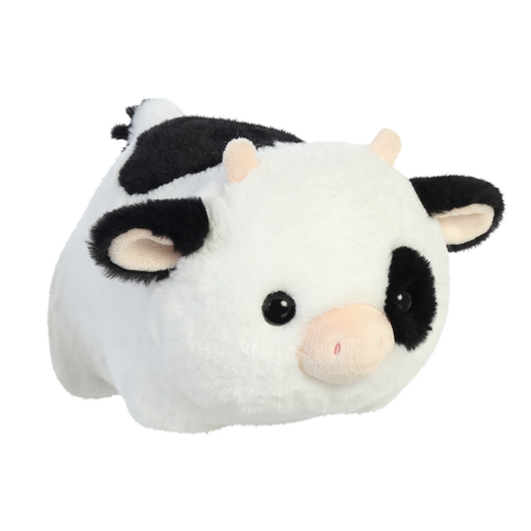 Kuscheltier in Form einer Kuh, weiß mit schwarzen Flecken, großen Augen und einer runden Form.