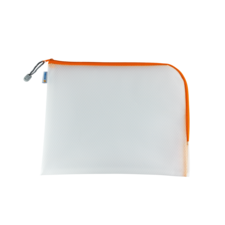 Weiße Tasche mit orangefarbener Reißverschlusskante, geeignet für die Aufbewahrung von Schreibwaren oder kleinen Gegenständen.