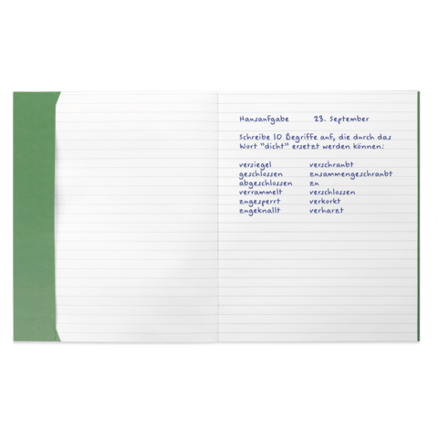 Aufgeschlagenes Notizbuch mit handschriftlicher Aufgabe vom 23. September, die zehn Begriffe auflistet, die durch "dicht" ersetzt werden können.