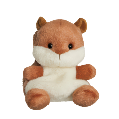 Kuscheltier in Form eines Fuchses mit braunem Fell und weißen Akzenten, sitzend und mit großen, runden Augen.