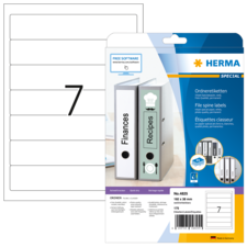Ordneretiketten von Herma, inklusive einer Vorlage für die Beschriftung, mit der Nummer 7 und den Kategorien "Finanzen" und "Rezepte".