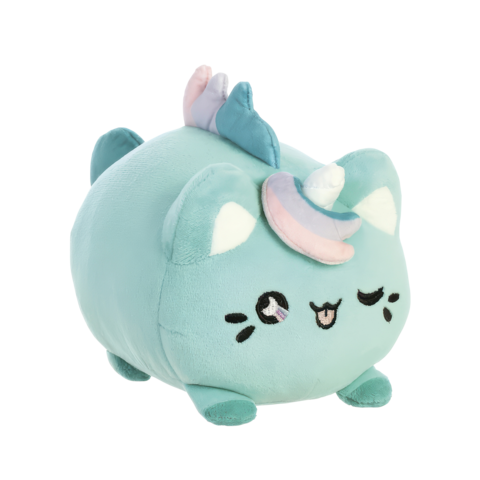 Kuscheltier in Form eines katzenartigen Einhorns mit mintgrüner Farbe, großen Augen und einem lächelnden Gesicht.