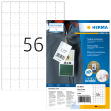 Ein Blatt mit Etiketten, das die Nummer 56 zeigt, und eine Rückseite mit Informationen zu stabilen Anhängern und robusten Etiketten.