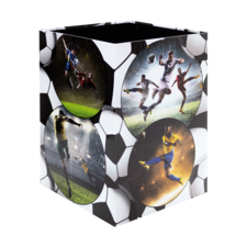 Mülleimer mit Fußballmotiven, zeigt Spieler in Aktion und verschiedene Spielszenen, umgeben von einem Fußballdesign.