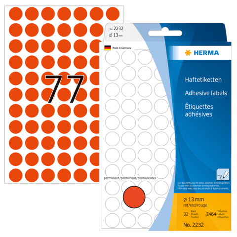 Runde, rote Haftetiketten in einer Packung mit 32 Stück, Durchmesser 13 mm, von der Marke Herma.