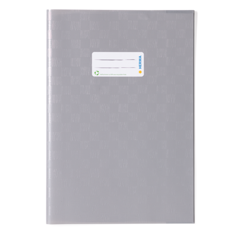 Graues Ringbuch mit einer transparenten Vorderseite und einem Aufkleber für Beschriftungen.