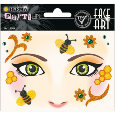 Gesichtsmalerei-Sticker mit Bienen, Blumen und glitzernden Akzenten in verschiedenen Farben auf einem hellen Hintergrund.