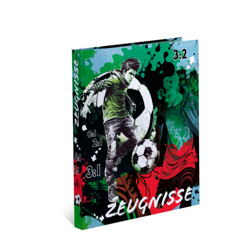 Ein buntes Cover eines Fußballhefts mit dem Titel "Zeugnisse", das einen Spieler mit einem Ball und verschiedene Spielstände abbildet.