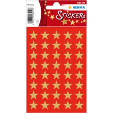 Rote Sticker mit goldenen Sternen in einem regelmäßigen Muster, verpackt auf einer Karte. Ideal für Dekoration oder Bastelprojekte.