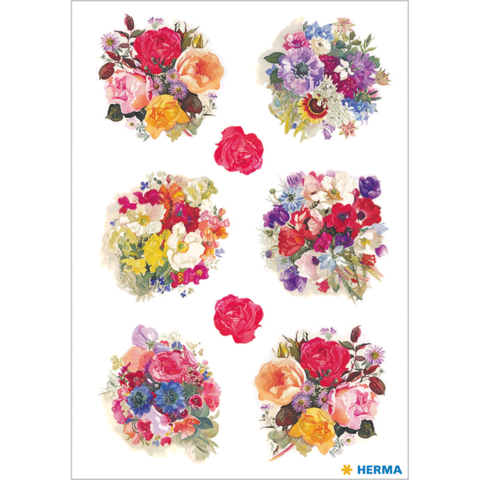 Bunte Blumenarrangements in verschiedenen Formen und Farben, darunter Rosen, Veilchen und andere florale Elemente.