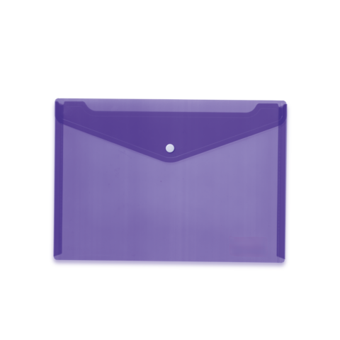 Lila, transparente Mappe mit einem spitzen Verschluss und einem kleinen Knopf in der Mitte. Ideal für die Aufbewahrung von Dokumenten.