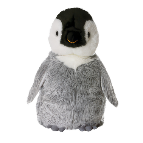 Plüsch-Pinguin mit grauem und weißem Fell, runder Form und freundlichem Gesichtsausdruck. Ideal als Kuscheltier oder Dekoration.